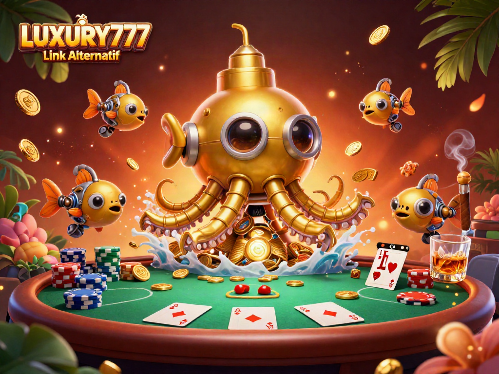 Permainan mengasyikkan LUXURY777 Link Alternatif ditampilkan dengan kapal kraken emas dan tumpukan chip poker.