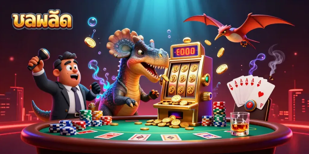 Experience the thrill of บอลสด with a cartoon dinosaur celebrating a jackpot at a casino, surrounded by colorful poker elements.