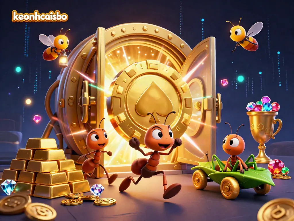 Experience the excitement of keonhacaisbo with a heist scene featuring cartoon ants, golden poker chips, and treasure.