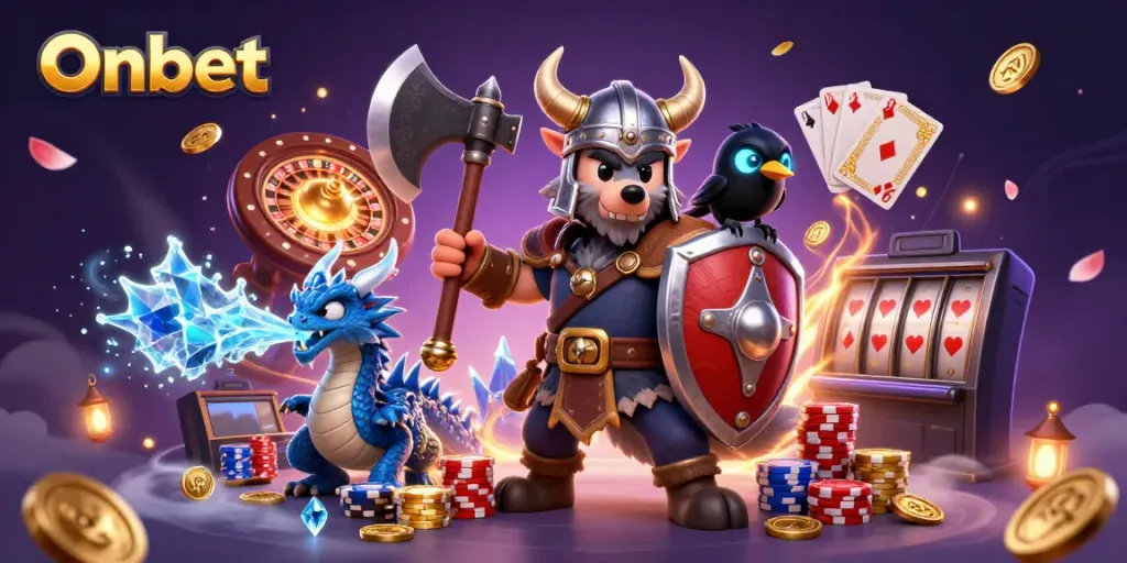 Engage with Onbet's thrilling gaming universe featuring a Viking wolf warrior, a dragon, and sparkling casino elements.
