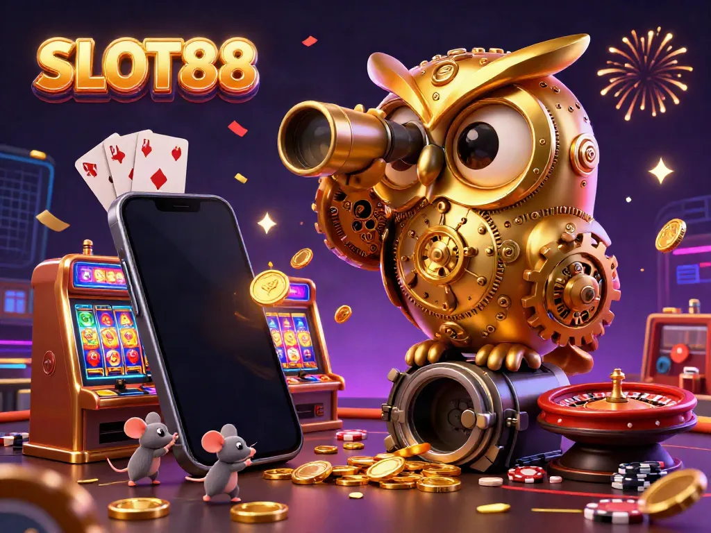 Experience the thrills of SLOT88 with a captivating 3D illustration of a golden owl and playful mice in a lively casino.