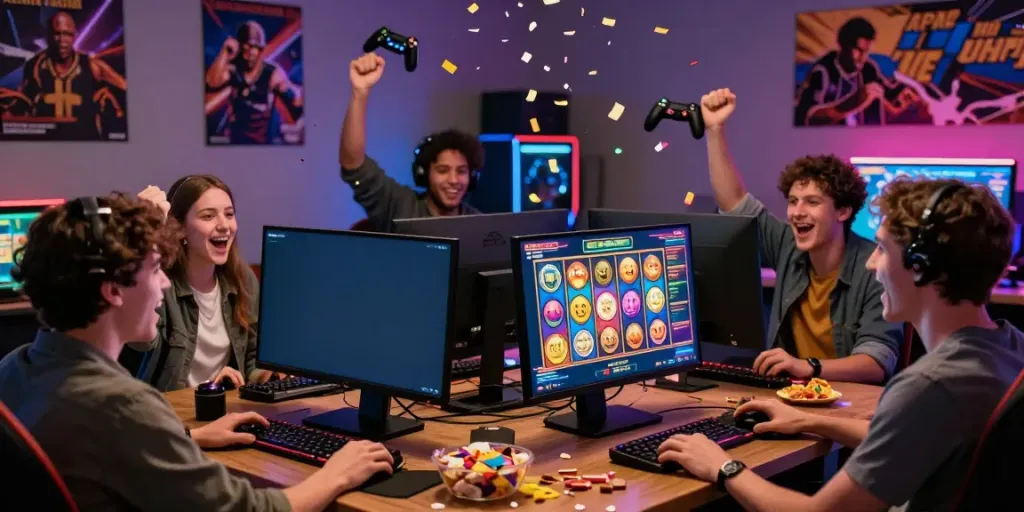 Friends celebrating a win while playing สล็อต games online.