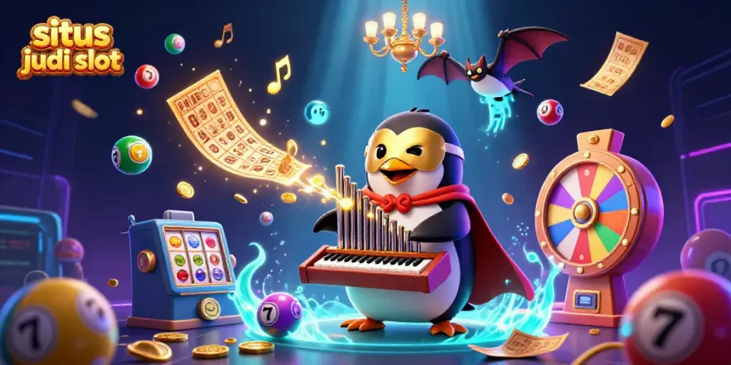 Menghadirkan situs judi slot dengan penguin opera kartun yang memainkan organ, dikelilingi oleh bola lotere berwarna-warni dan simbol slot.