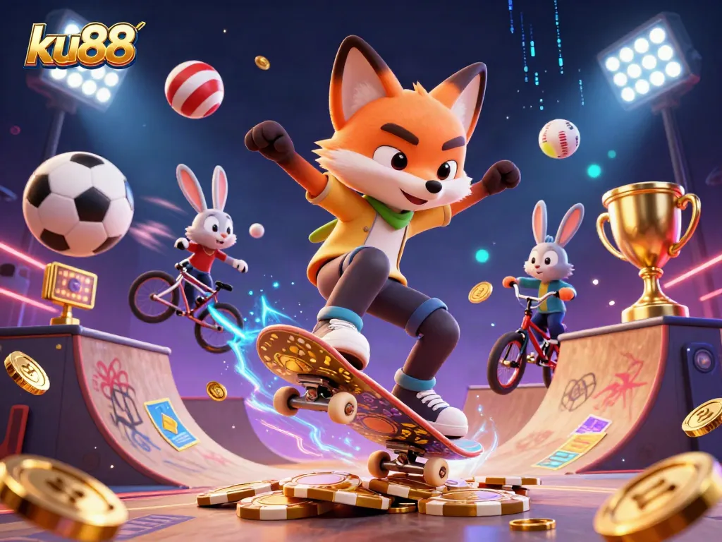 Join the action at ku88 while a skateboarder fox and BMX rabbit showcase their tricks over golden poker chips in a vibrant casino scene.