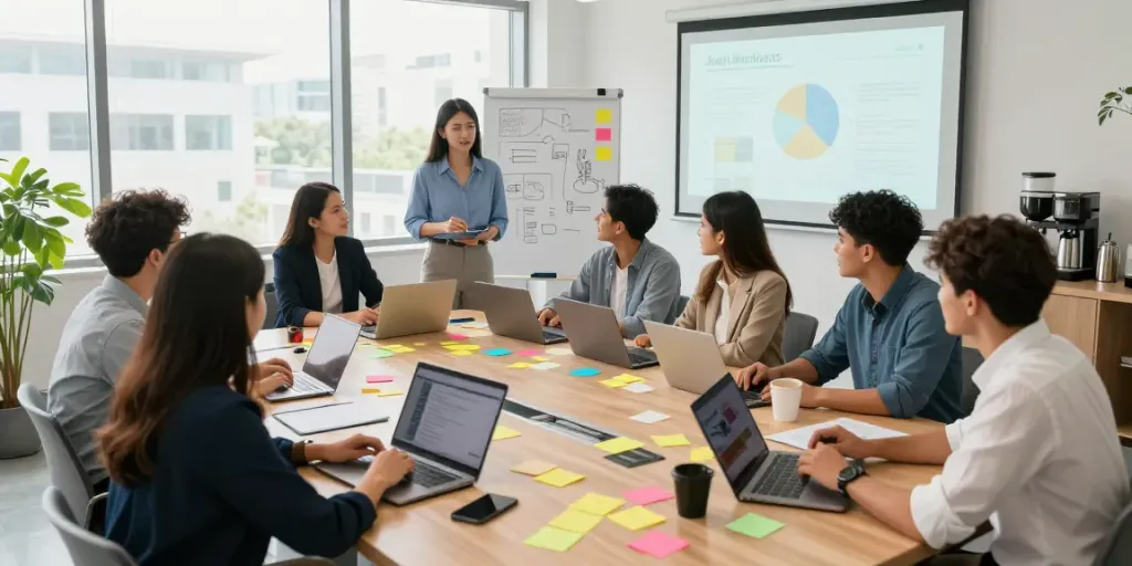 Collaborative job recruitment session for หางาน opportunities in a modern office.