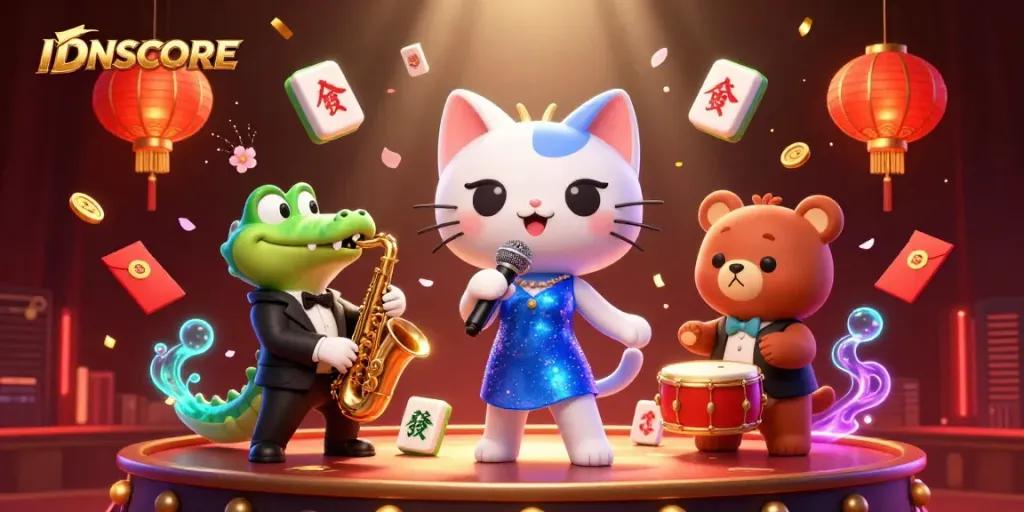 Engage with IDNSCORE's vibrant casino scene featuring a jazzy cat, crocodile, and bear amid festive game elements.