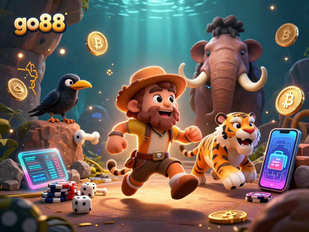 Enjoy thrilling spins at go88's prehistoric casino, featuring animated characters and crypto elements.