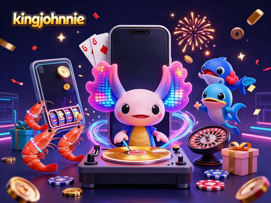 Experience the excitement of kingjohnnie with a neon DJ, dancing shrimp, and vibrant casino elements.