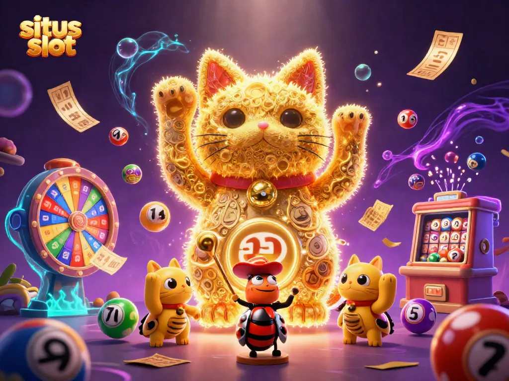 Engage in thrilling action at situs slot with dynamic casino elements and golden lucky cat illustration.