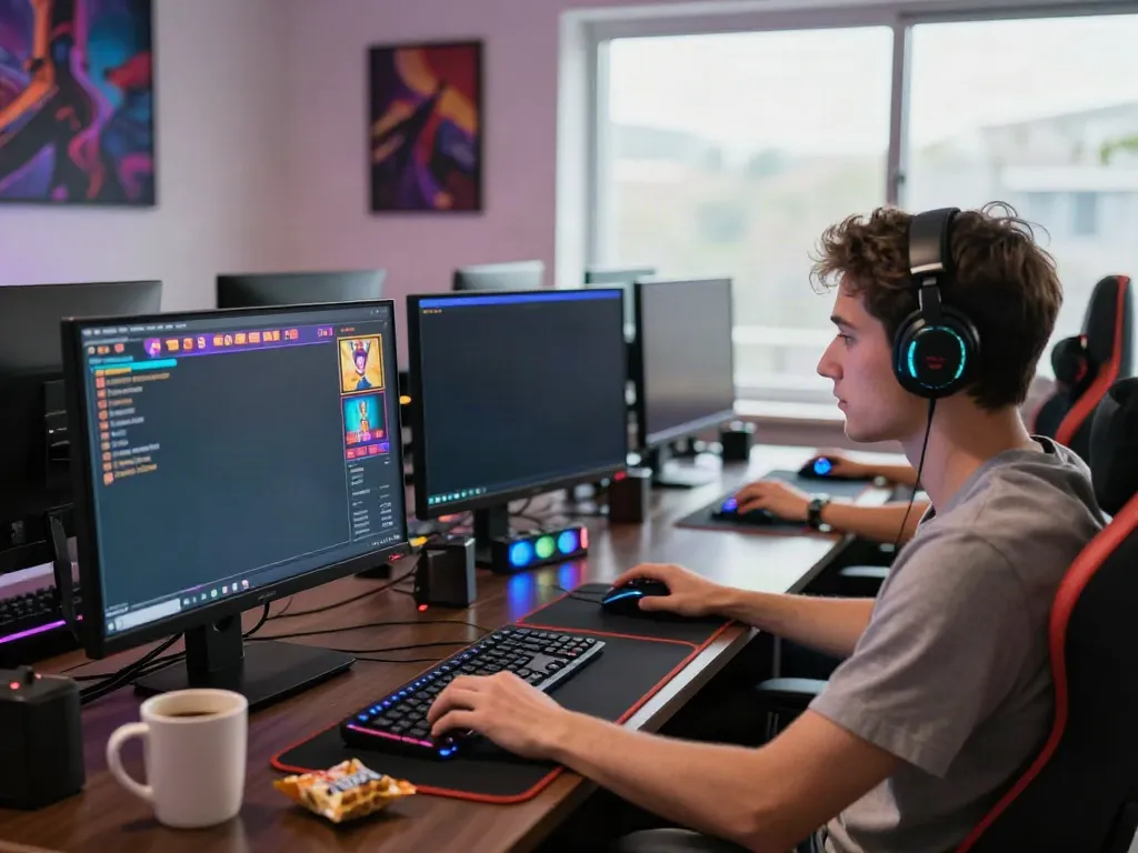 Engaging online gaming atmosphere showcasing akunjp player at a colorful desktop setup