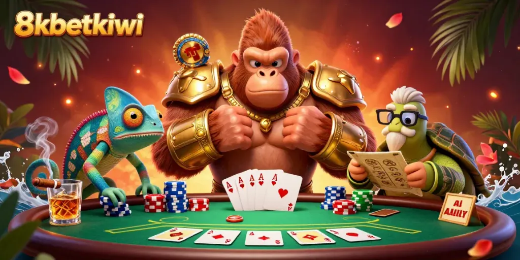 Join the adventure at 8xbetkiwi with a powerful gorilla king and friends at a poker table.