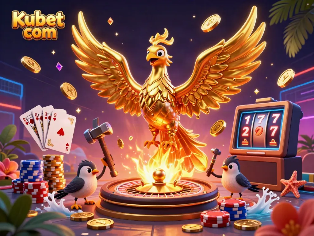 Experience dynamic gameplay at Kubet com with a molten metal phoenix surrounded by casino elements.