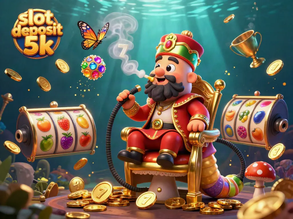 Experience the thrill of slot deposit 5k with an enchanting 3D illustration depicting vibrant slot reels and golden coins.