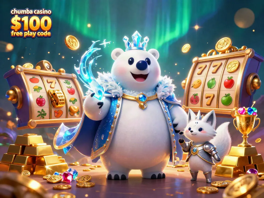 Spin reels and treasures surrounding the ice king and snow fox in the chumba casino $100 free play code scene.