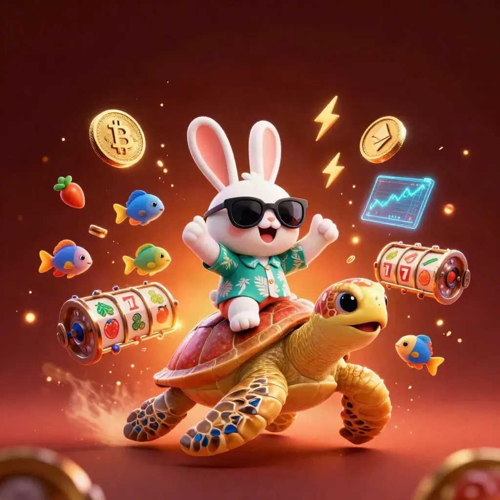 Lucky rabbit rides a golden sea turtle amid glowing coins and ocean-casino light.