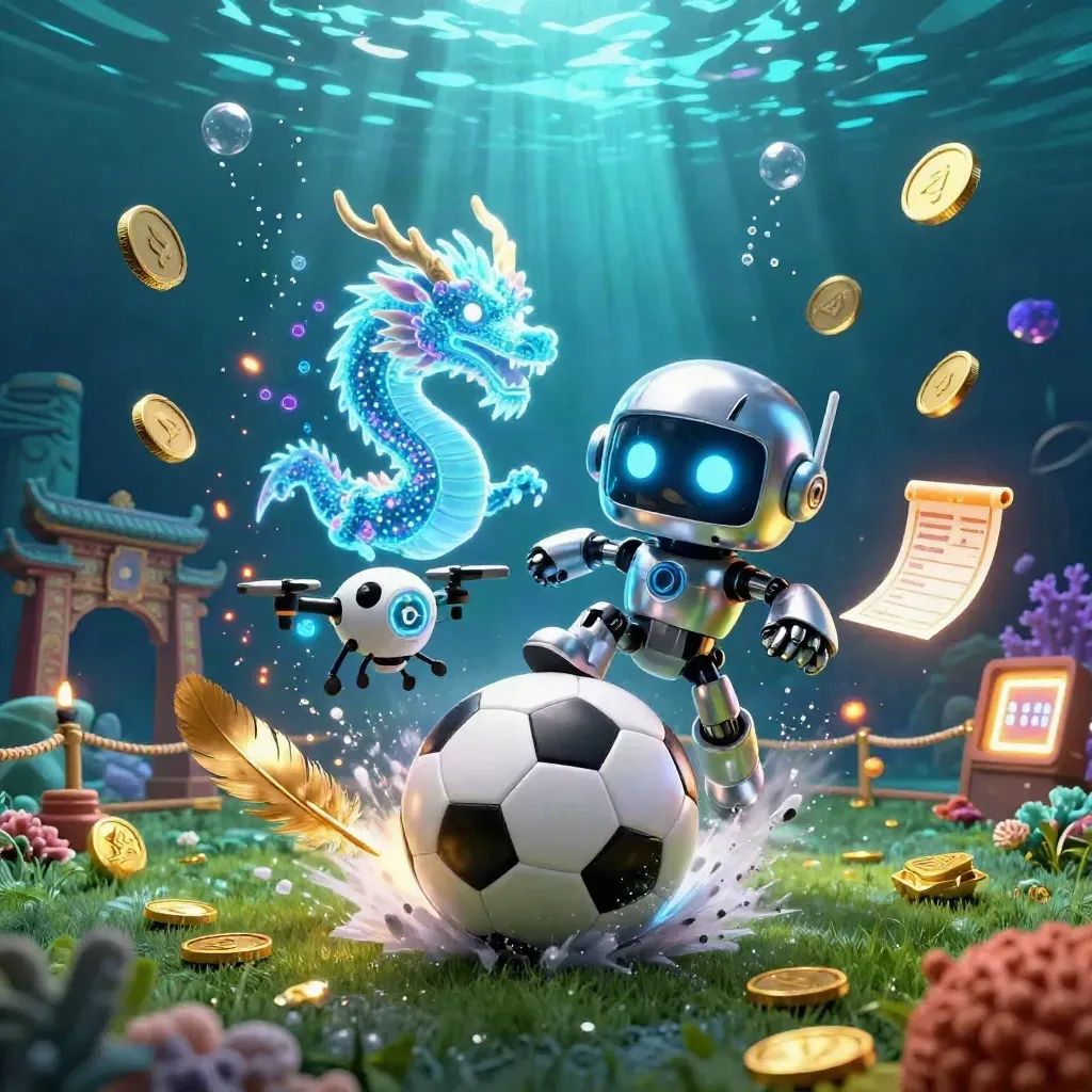 Robot mascot, digital dragon, and drone freeze a soccer strike amid oceanic casino glow.