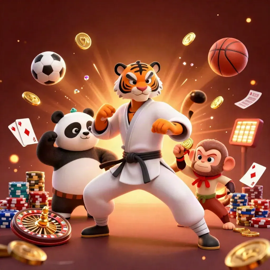 Tiger, panda and monkey amid casino chips, coins and sports balls in fiery key art.