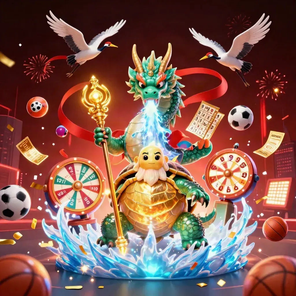 Emerald dragon, turtle sage, and cranes amid casino props, fireworks, and neon confetti.
