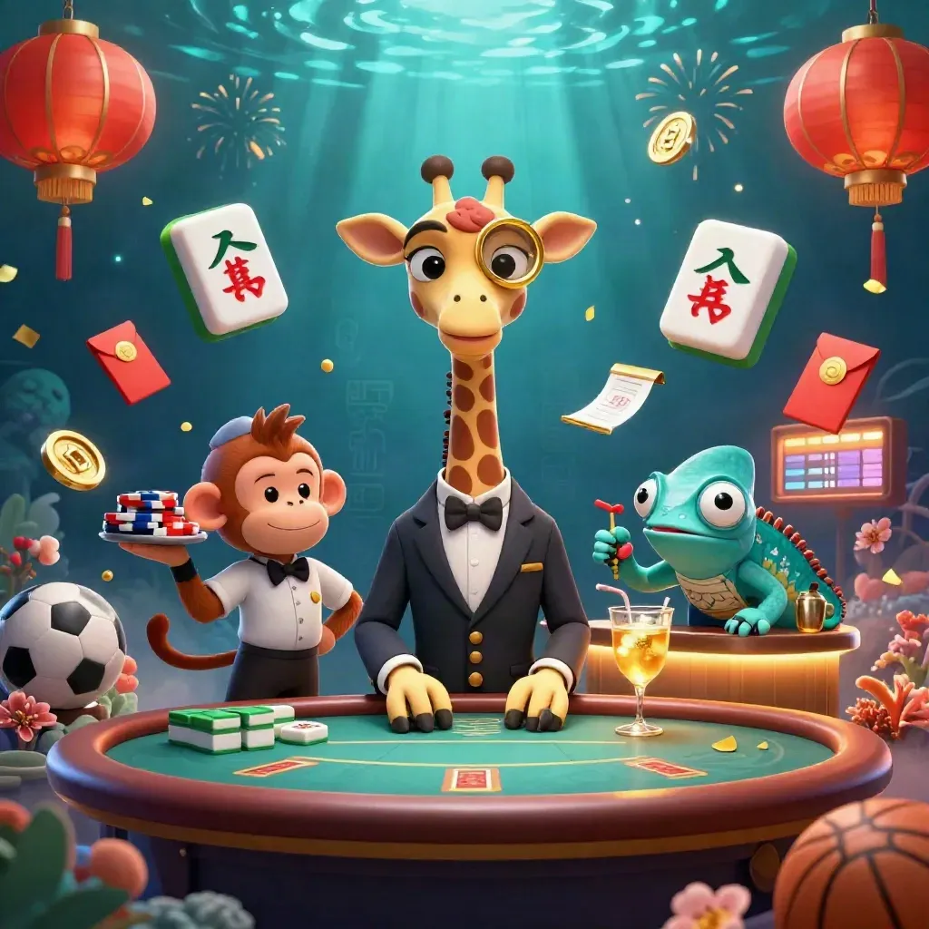 Giraffe, monkey, and chameleon in a luxe underwater casino with floating sports gear and glowing coins.