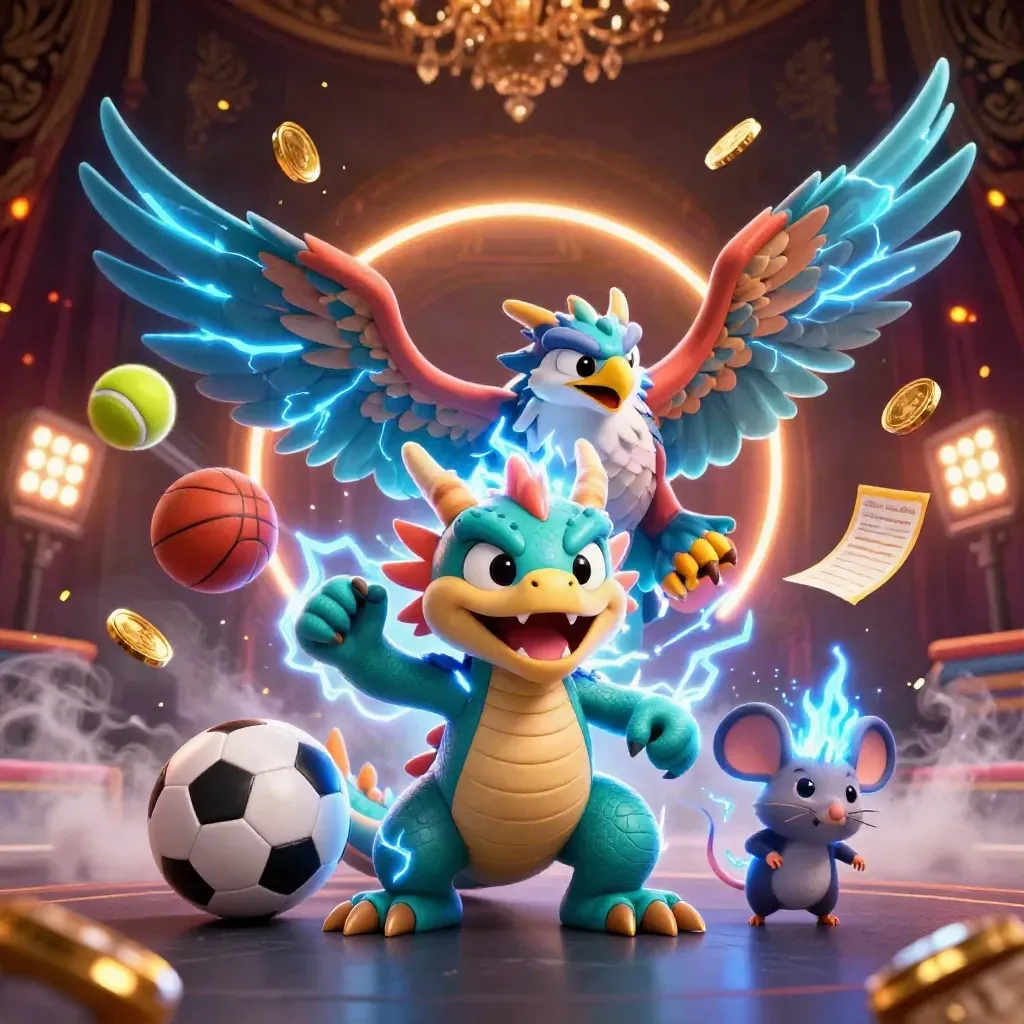 Thunder dragon, hawk, and mouse amid flying sports balls, gold coins, and casino lights.