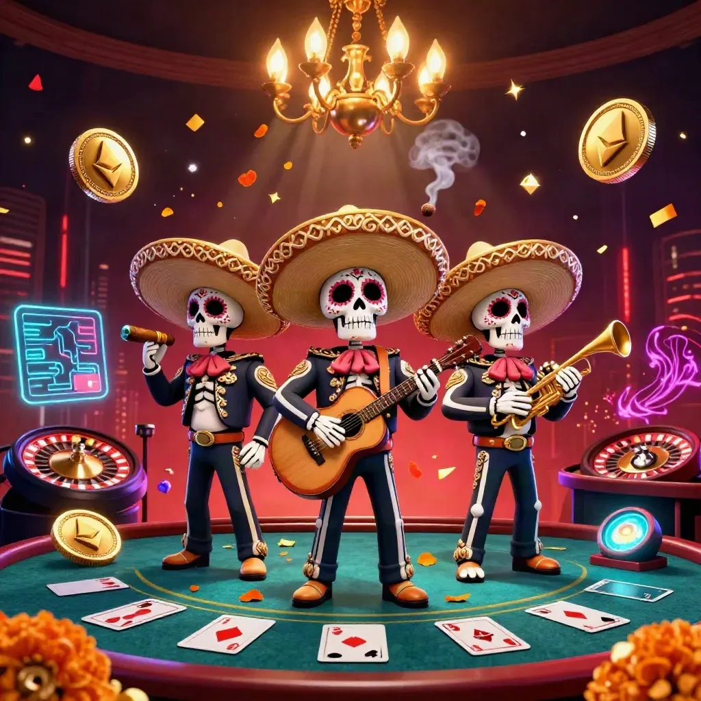 Skeleton mariachi trio in a luxe casino room with crypto sparks, fireworks, and a spinning roulette wheel