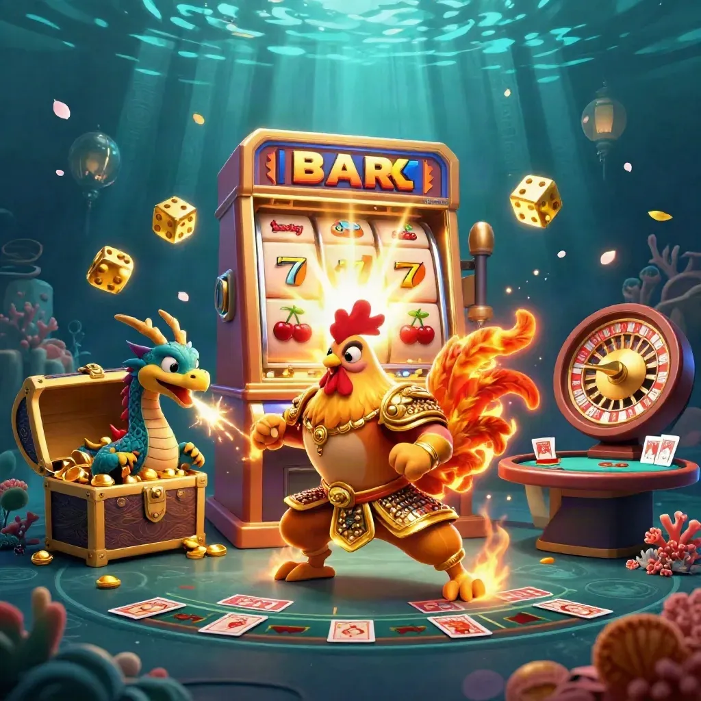 Rooster warrior, dragon hatchling, and fortune-cat amid teal-and-gold casino magic.