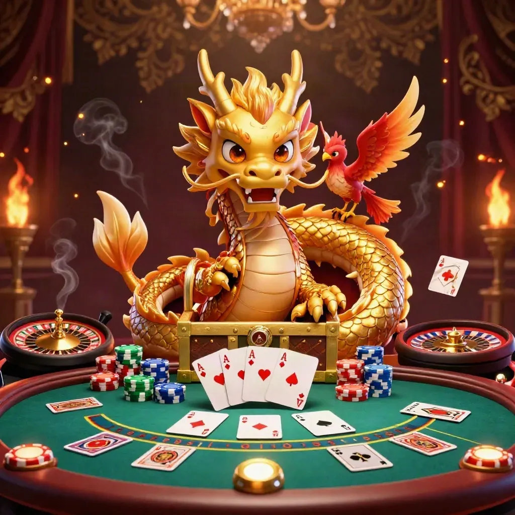 Golden dragon and phoenix around treasure chest in a smoky casino with felt tables and glowing lights