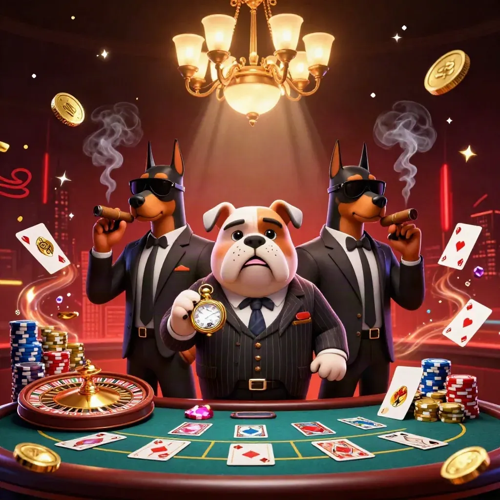 Bulldog mob boss with two Dobermans amid casino gold, cards, chips, and a spinning roulette wheel.