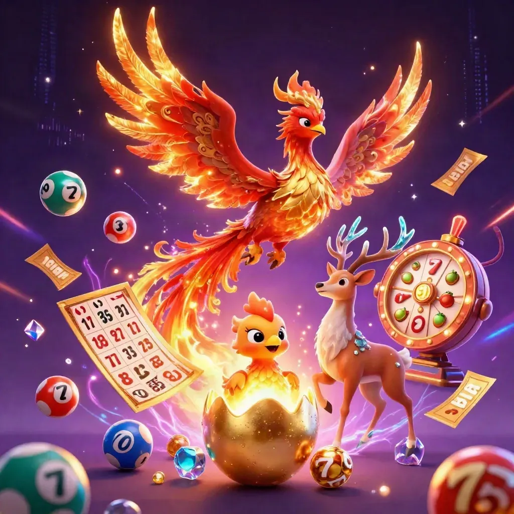 Phoenix, baby phoenix, and crystal stag burst with casino tokens on a dark neon background.
