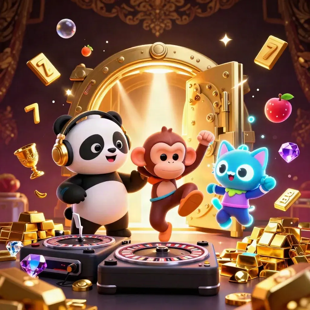 DJ panda, monkey, and glow-stick kitten burst around a vault of gold and gems.