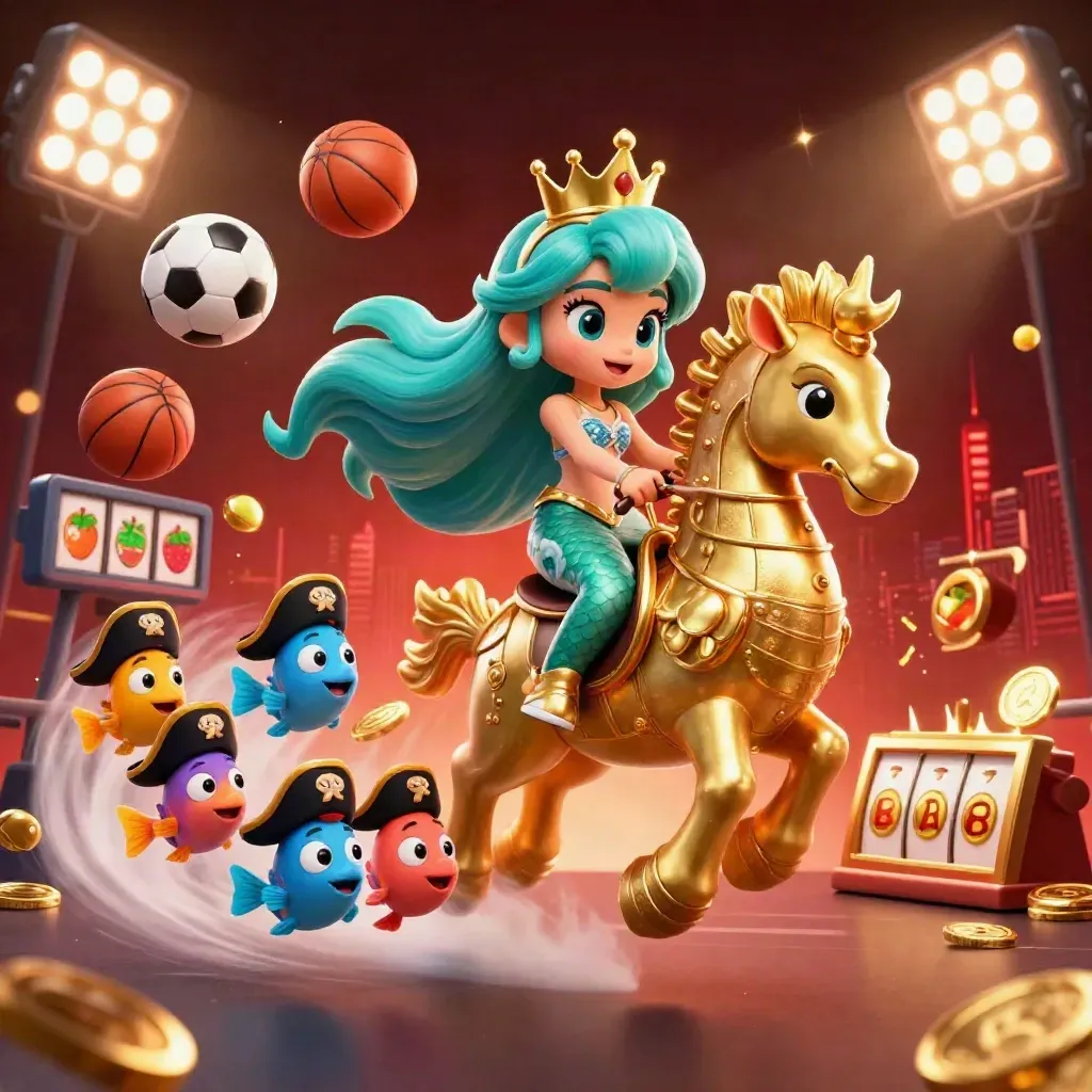 Mermaid princess rides armored seahorse with pirate fish, coins, balls, trophy, and neon casino glow