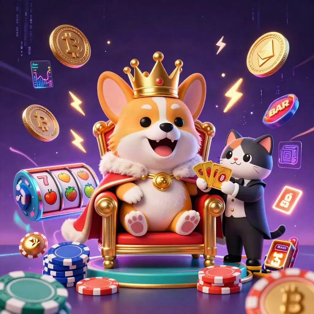 Royal corgi and cat butler amid neon crypto casino effects, coins, reels, and treasure burst.