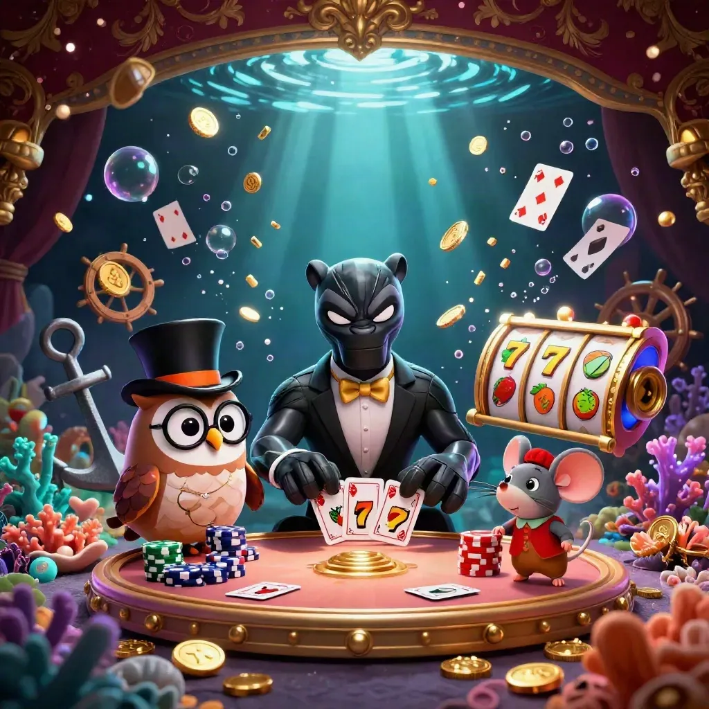 Panther, owl, and mouse in a glowing underwater treasure casino with cards, coins, and coral