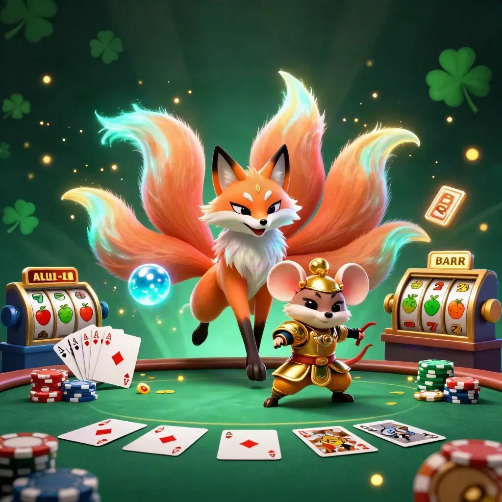 Fox spirit and armored mouse amid poker chips, reels, and glowing casino magic.