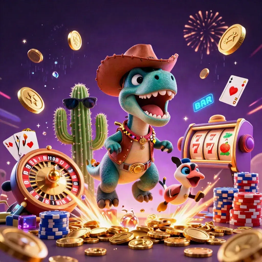 Three cartoon casino heroes amid exploding coins, roulette, chips, and fireworks in a neon vault scene.