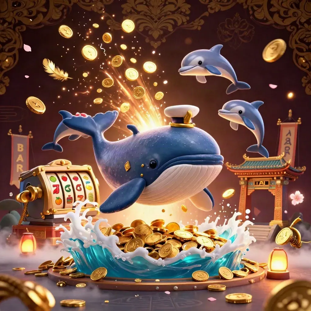 Whale captain, narwhal, and dolphins burst through coins with casino symbols and fireworks.