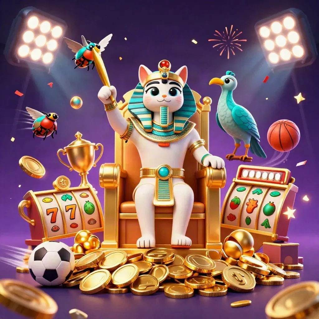 Pharaoh cat on a golden throne with an ibis scribe, scarabs, coins, sports balls, fireworks, and slot symbols.