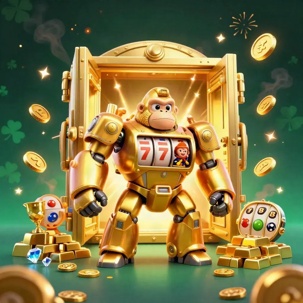 Golden gorilla slot mech and monkey pilot blast out of a vault amid coins, gems and fireworks