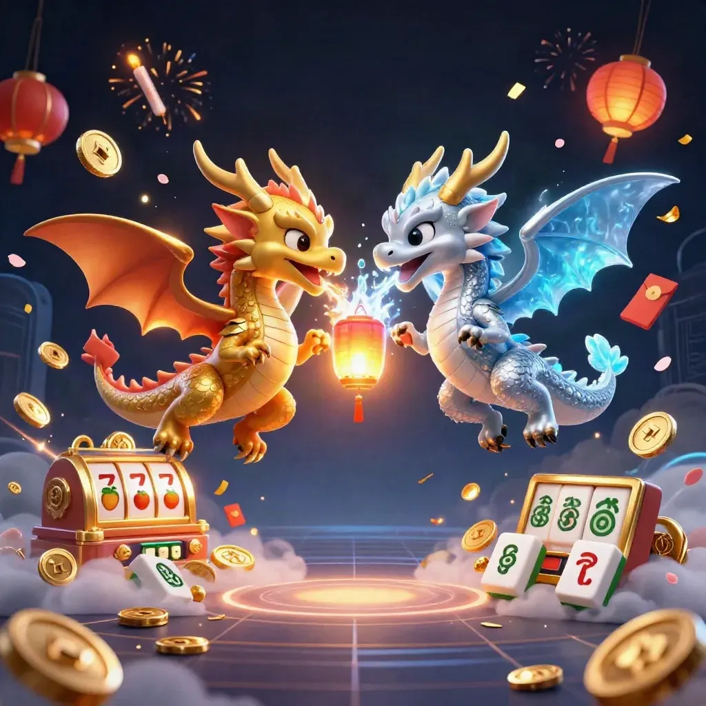 Gold and silver dragons spiral in a neon casino sky with treasure, coins, lanterns, and fireworks.
