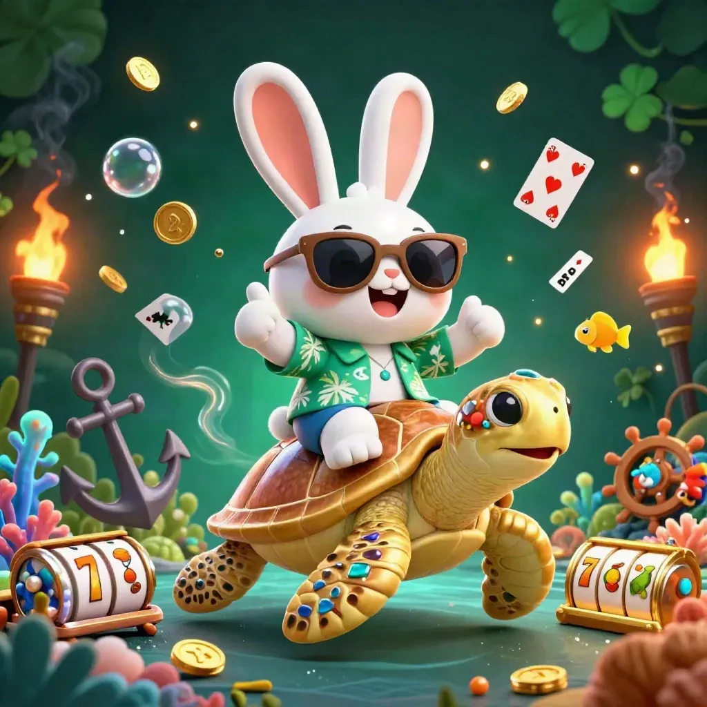 Lucky rabbit rides a golden sea turtle amid casino treasures and glowing reels.