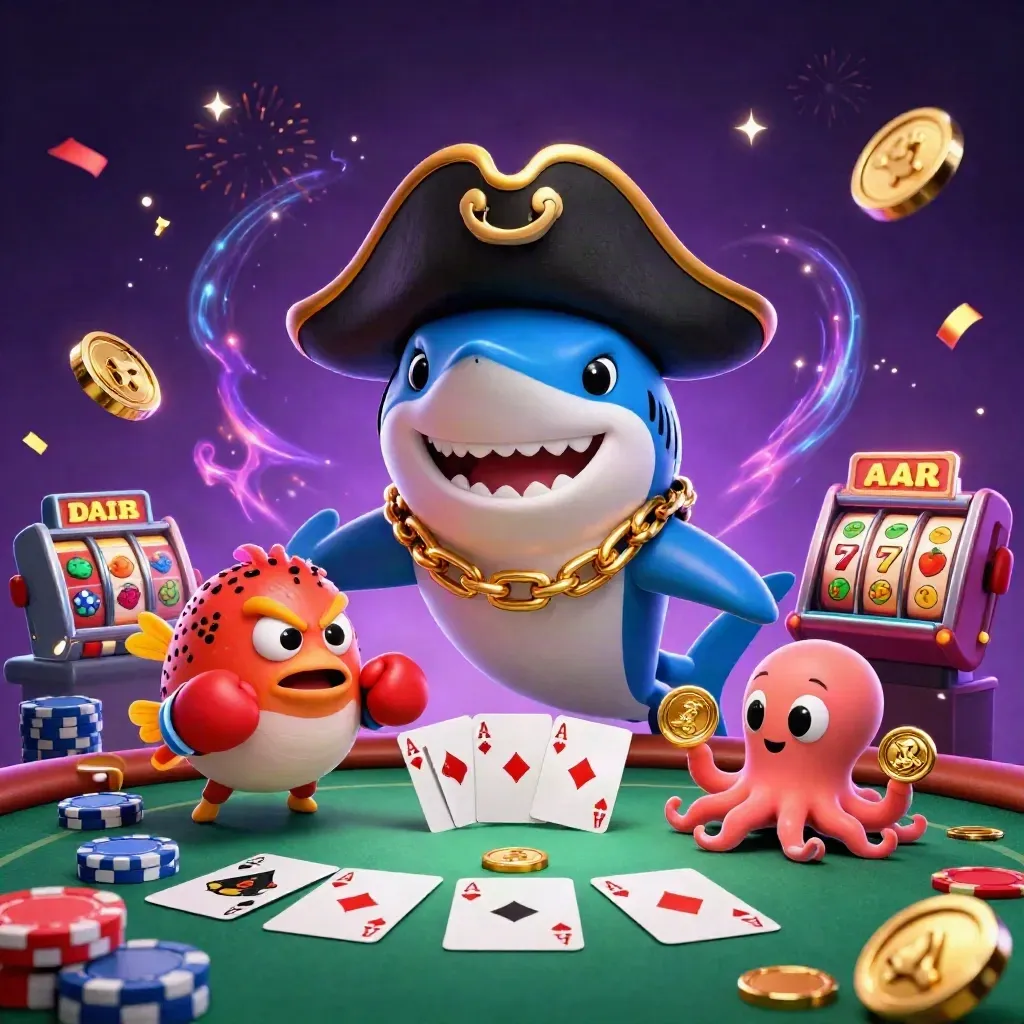 Pirate shark, pufferfish, and octopus amid casino cards, chips, reels, and glowing ocean-purple effects.
