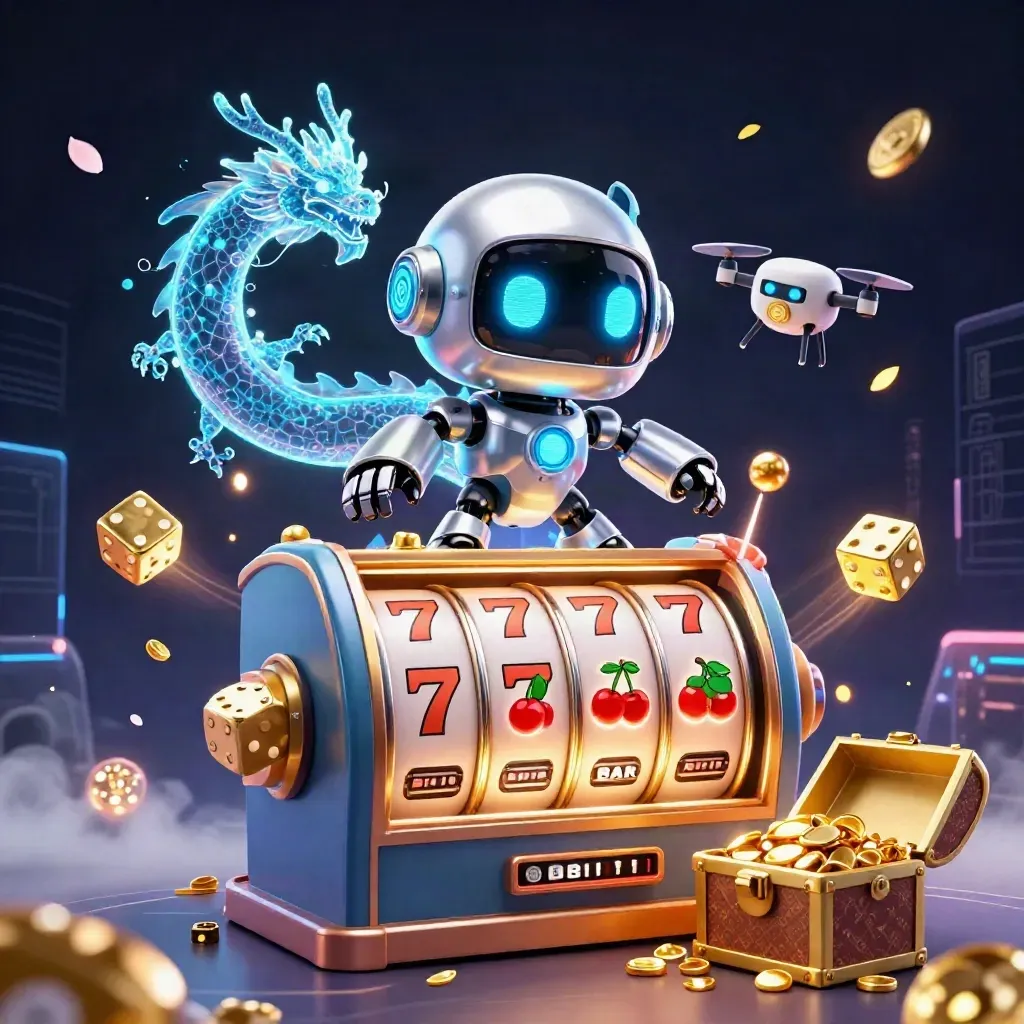 Cyberpunk robot, hologram dragon, and coin drone bursting from a slot machine with gold and fruit symbols.