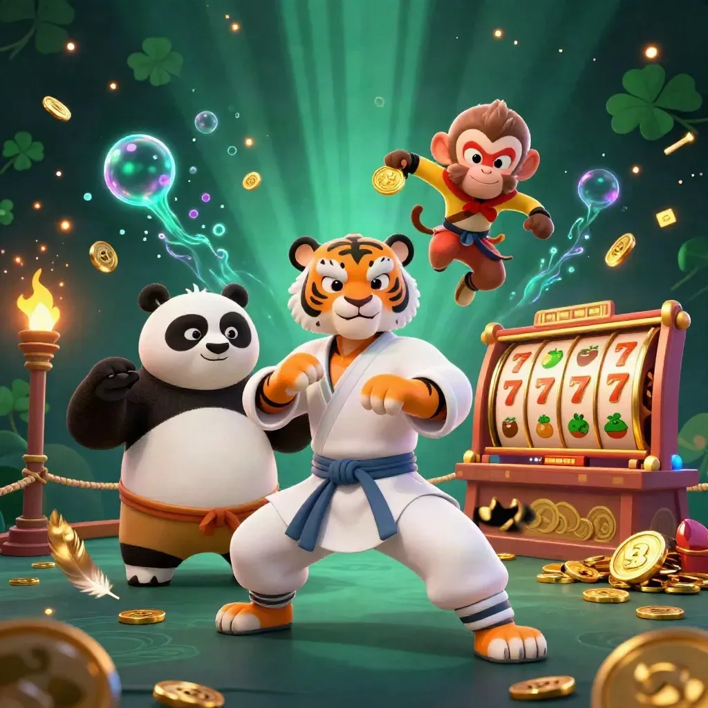 Tiger master, panda disciple, and monkey student amid casino reels, coins, and temple glow.
