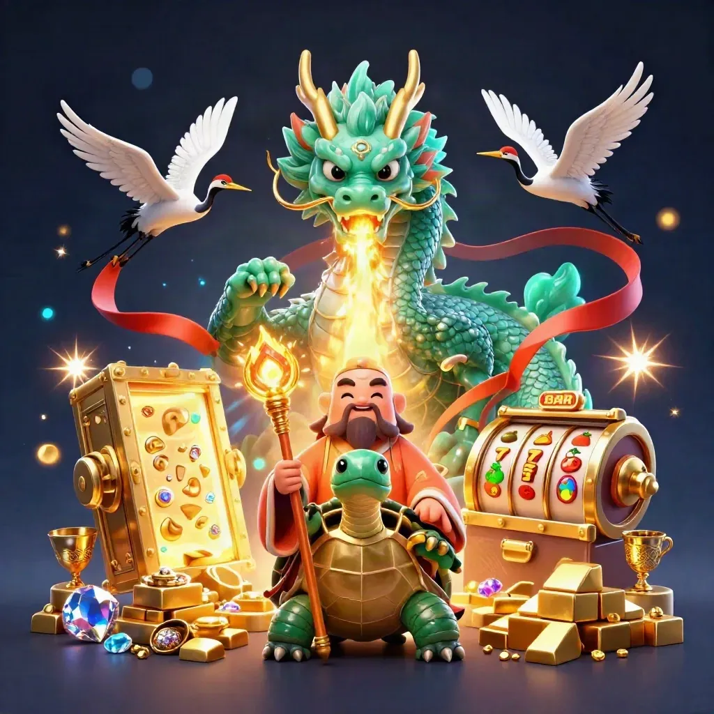 Jade dragon, sage turtle, and cranes amid vault gold, reels, and ocean-blue casino magic.