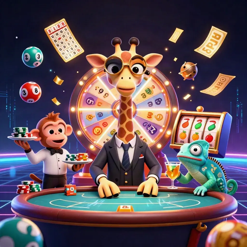 Giraffe, monkey valet, and chameleon bartender amid casino bursts, ocean neon, and gold sparks.