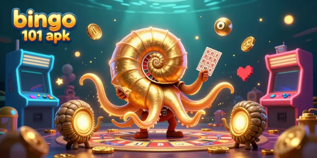 Mainkan bingo 101 apk dengan nautilus kartun raksasa dan mesin permainan berwarna-warni di latar belakang