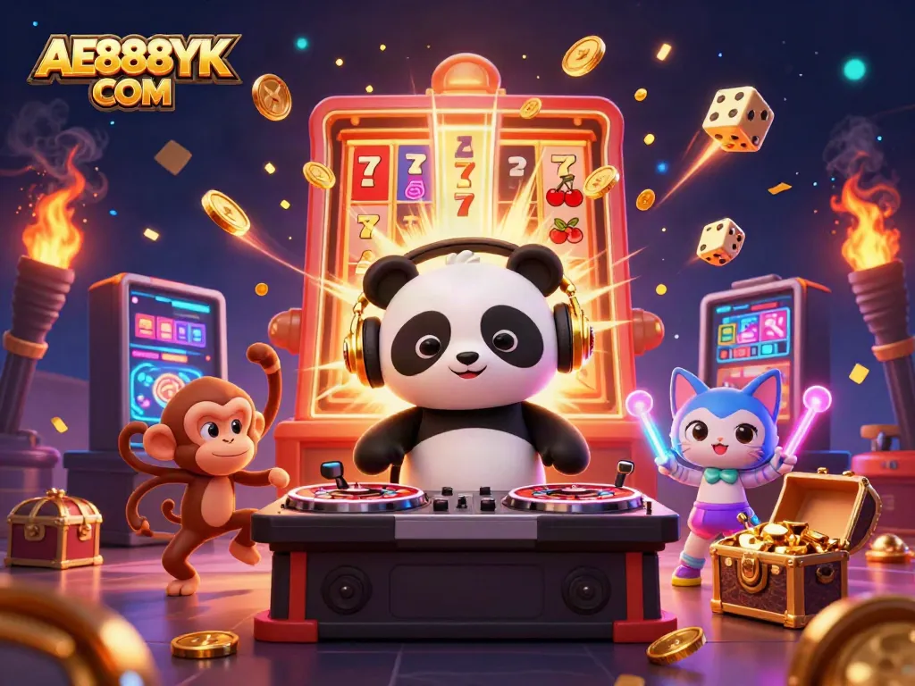 Join the fun at AE888YK COM with vibrant characters showcasing a thrilling casino atmosphere.