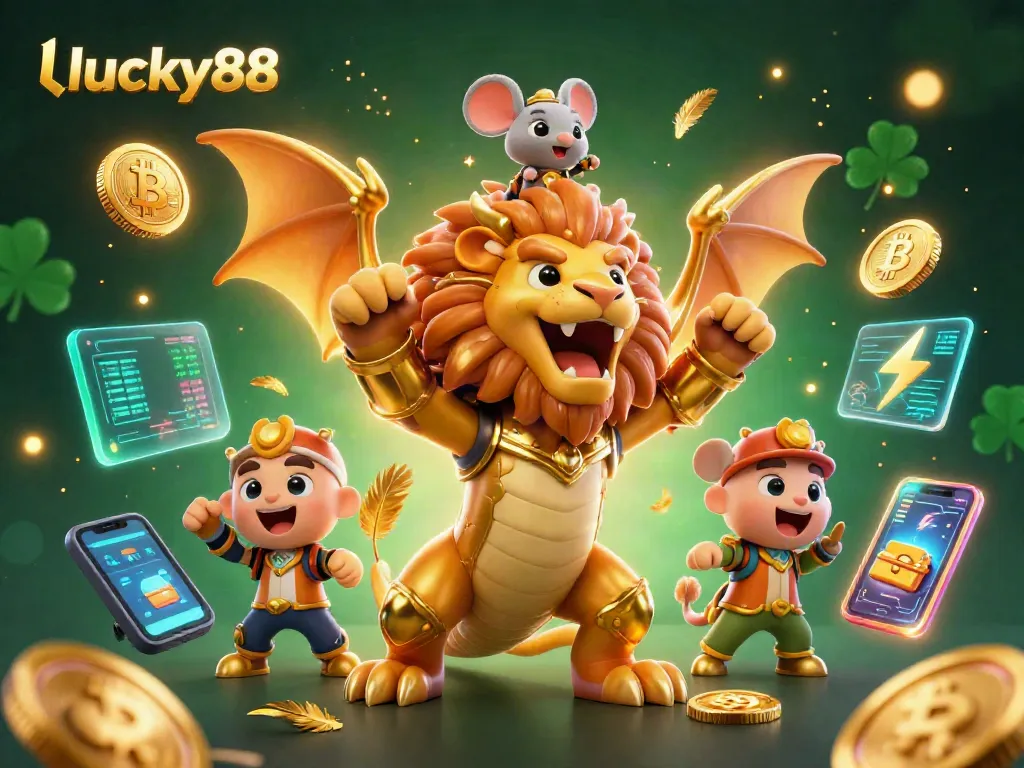 Experience the thrilling atmosphere of lucky88 with a gold-armored chimera and mouse jockey amidst crypto coins.