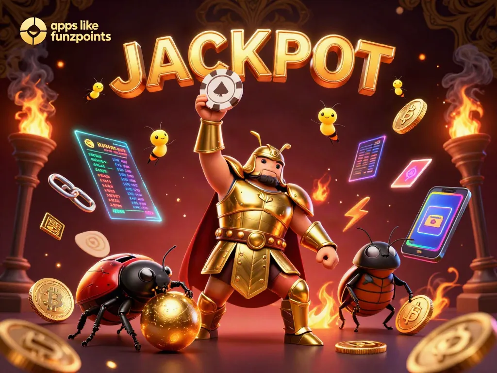 Play with apps like funkspoints for a chance to win big in a vibrant 3D illustration featuring beetles.