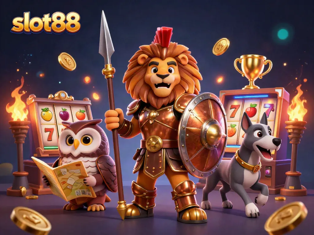 Slot88 menghadirkan pengalaman bermain slot yang menarik dengan karakter 3D seperti singa, burung hantu, dan anjing greyhound.